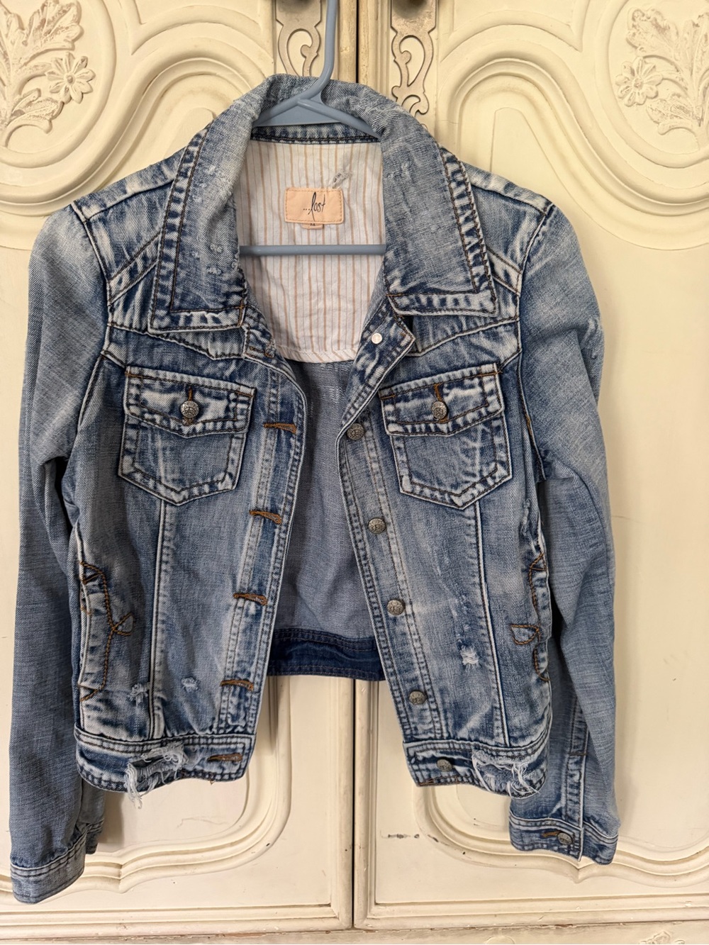 Distressed denim jacket small